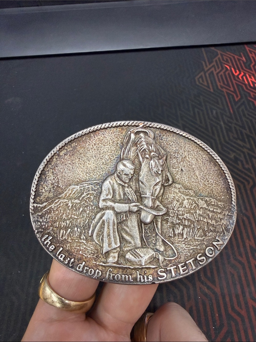 Stetson Silver-Tone Western Belt Buckle with Cowboy & Horse Relief